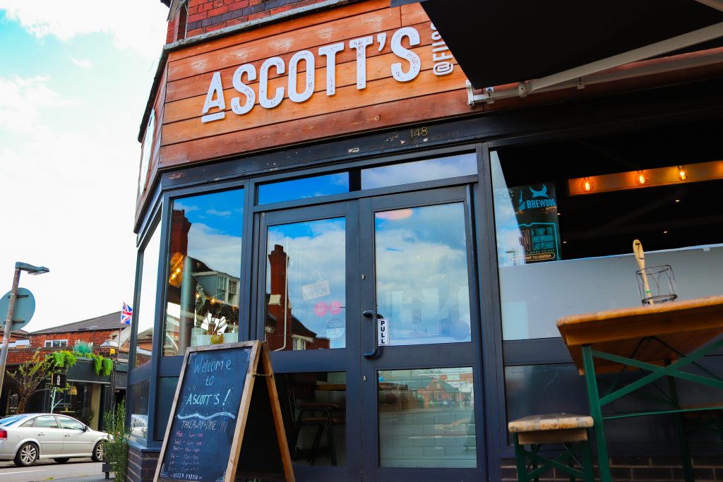 Exterior view of Ascotts Restaurant in Bromsgrove, showcasing its welcoming entrance and modern desi.